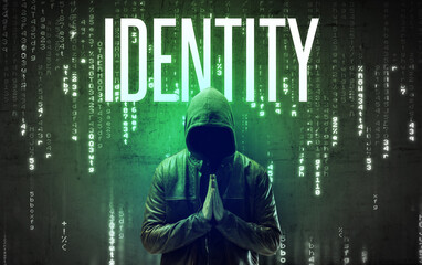 Faceless hacker with inscription concept