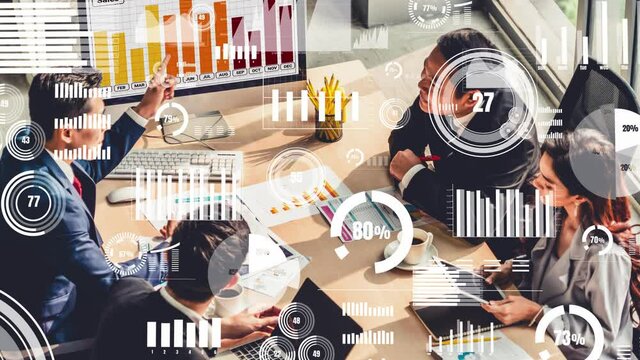 Creative visual of business people in corporate staff meeting . Concept of digital technology for marketing data analysis and investment decision making .