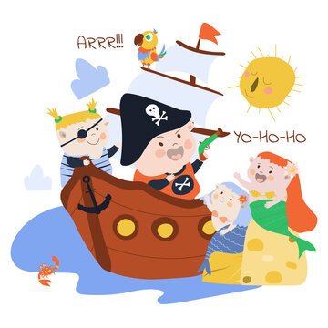 An evil pirate is sailing on a ship on the sea. Beautiful mermaids sit on a rock. Vector illustration in cartoon style on white isolated background. For printing postcards, posters, flyers.