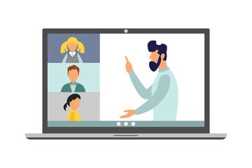 Online education. Zoom School. Man is a teacher. Vector illustration.