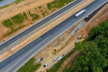 Aerial view of the road under construction intersection highway reconstruction in South Carolina USA