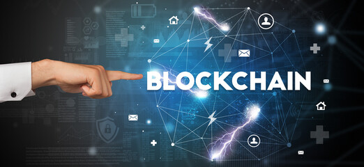 Hand pointing at inscription concept