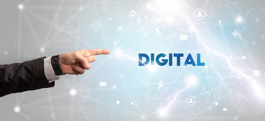 Hand pointing at inscription concept