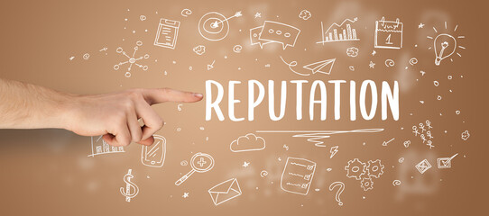 Close-Up of cropped hand pointing at business inscription