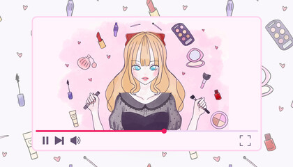 Concept illustration of pretty beauty blogger girl with cosmetics in the video