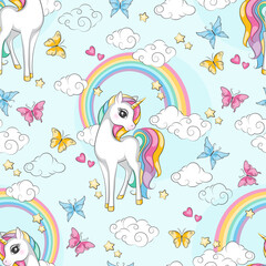 Seamless pattern of cute little magical unicorn, rainbow, clouds and butterfly. Colorful illustration for children wallpaper  textile and gift paper.
