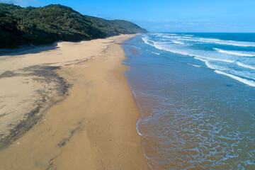 Scenic sandy beach landscape with coastal forest, South Africa.