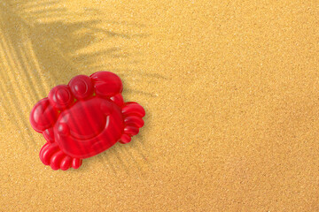 Fototapeta na wymiar Red plastic shrimp on sand beach background, close-up. Children`s toys for bathing babies. Educational games for children, preschool education. Layout, preparation of toys for the designer or website.
