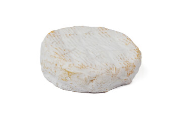 A piece of fresh camembert cheese isolated on a white background.