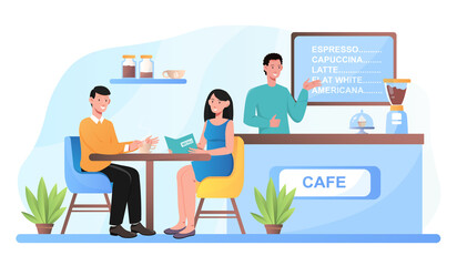 Cafe shop and romantic partners relaxing, choosing desset. Barista serves client order. Modern place interior to meet, enjoy free time. Flat cartoon vector concept design isolated on white background
