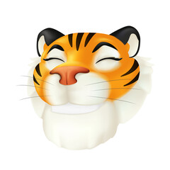 Cute cartoon smiling tiger head. Zodiac symbol of the year by the Chinese calendar. Vector funny illustration of a striped wildlife animal character isolated on a white background. 3D icon