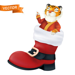 Cute cartoon smiling tiger sticking out of Santa Claus red boot. Chinese zodiac symbol of the year. Realistic vector illustration of funny character and Christmas footwear isolated on white background