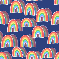 Fototapeta premium Trendy seamless pattern with colorful rainbow on color background. Design for invitation, poster, card, fabric, textile, fabric. Cute holiday illustration for baby. Doodle style