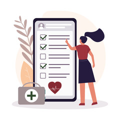 Cartoon woman check up health in mobile application. Сoncept of health care, medical insurance and personal health care. Preventive examinations reduce