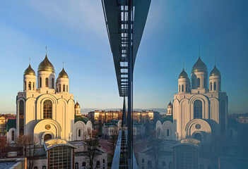 Cathedral of Christ the Savior in Kaliningrad in window mirror