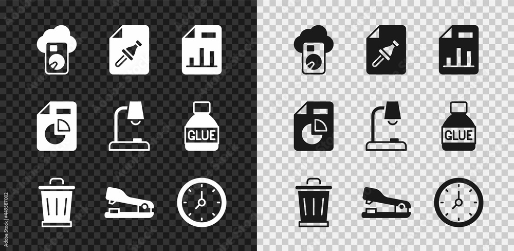 Poster set cloud database, note paper with push button, document graph chart, trash can, stapler, clock, an