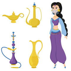 Set with a cute oriental beauty and a magic lamp.Cartoon character Princess Jasmine. Golden treasures lamp, vessel, decanter and hookah