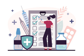 Woman signs documents on consent to medical insurance. Patient in hospital filling document form. Health insurance protection