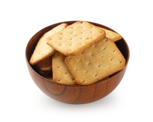 Cracker cookies in wooden bowl isolated on white background with clipping path.