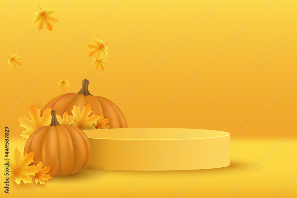 Poster autumn podium with realistic 3d pumpkin and maple leaves to display your product for thanksgiving. s