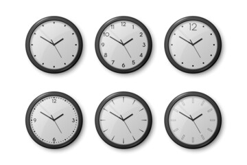 Vector 3d Realistic Black Wall Office Clock Icon Set Isolated on White. White Dial. Design Template of Wall Clock Closeup. Mock-up for Branding and Advertise. Top, Front View