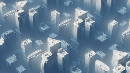 3d render of city skylines in a foggy environment. Bluish cold gamma. Abstract skyscrapers.