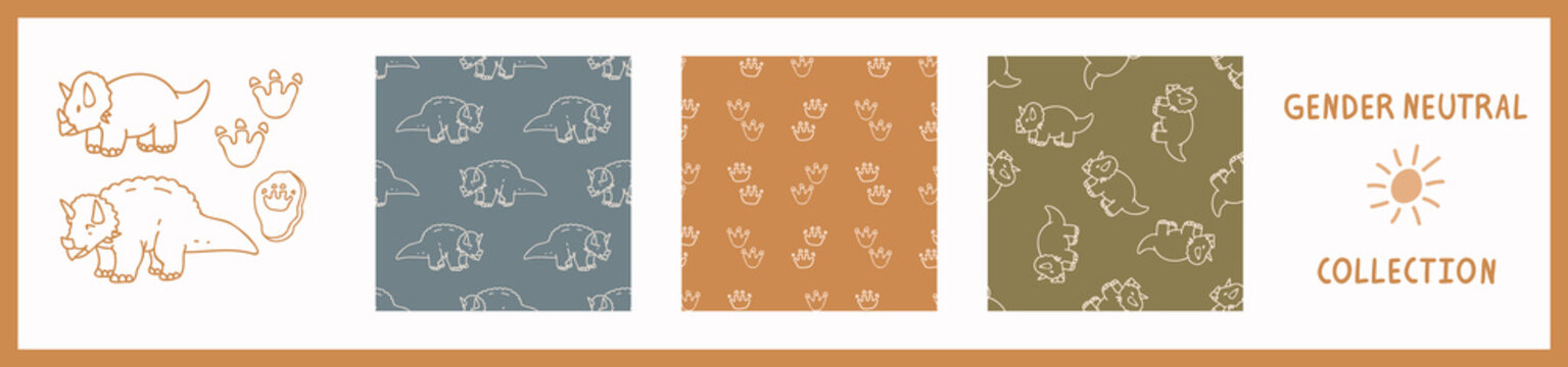 Seamless background triceratops dinosaur set of 3 patterns with motif. Whimsical minimal earthy 2 tone color. kids nursery wallpaper or boho cartoon pet fashion all over print.