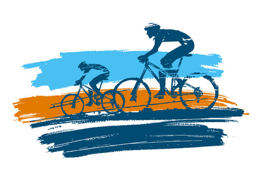 Mountain bike cyclists, grunge stylized.
Illustration of two cyclists on colorful expressive brush stroke. Isolated on white background. Vector available.