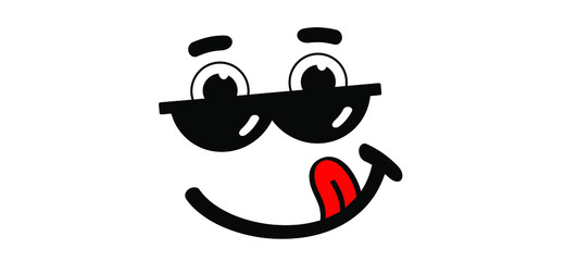 Yummy smile with tongue and lips. Emoticon, emoji face smiling and sunglasses. Cartoon vector cool sign. Eating, eat mouth. Comic sun glasses and astonish, astound, amaze expression