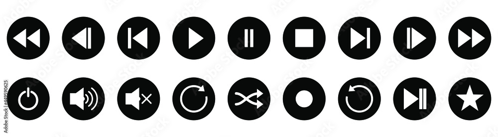 Poster set of black audio buttons. black round buttons. vector illustration. isolated player buttons on whi