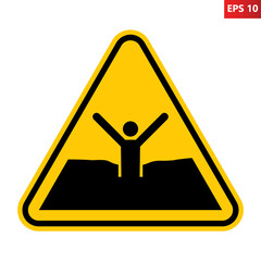 Quicksand or mud warning sign. Vector illustration of yellow triangle warning sign man in a collapsing sand. Caution deadly sand or swamp. Symbol used in wetland area.  - obrazy, fototapety, plakaty