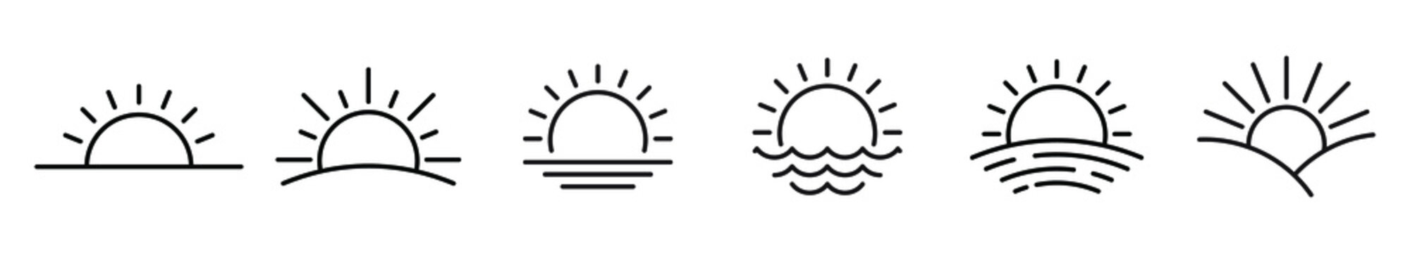 Sunset icon. Sun line icons. Vector illustration. Sunrise vector icons. Black linear icons