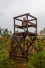 Fototapeta na wymiar Girl climbed up in a hunting tower
