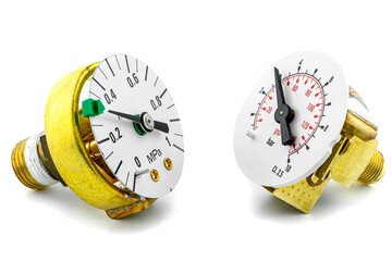 Macro photo of a scale of two pressure gauges to 10 BAR showing a pressure of 3 BAR, isolated on a white background.