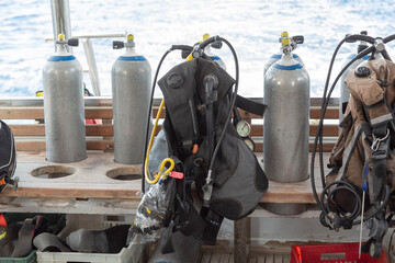 Cylinders for diving on the ship. Egypt Sharm el Sheikh