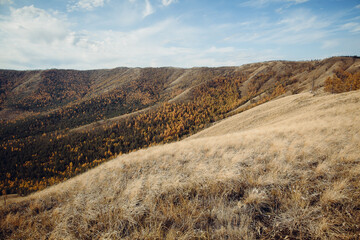 yellow dry grass on the mountain. mountain landscape in autumn. mountain range. autumn in the mountains of Russia. southern Urals. Kraka Ridge