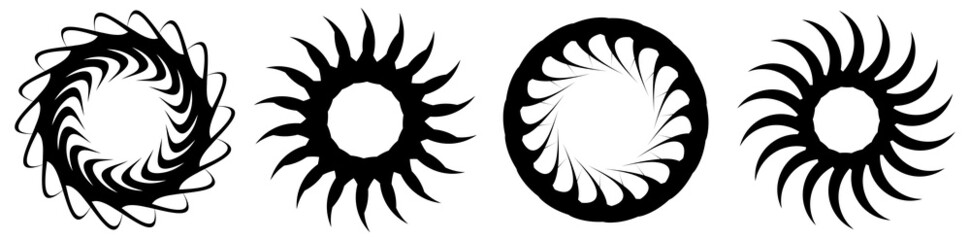 Circular, radial icon, motif, mandala shape. Swirl, twirl, helix, volute rotation geometric design element. Abstract circle