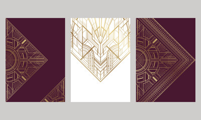 Set of white and burgundy cards with gold art deco ornament - obrazy, fototapety, plakaty