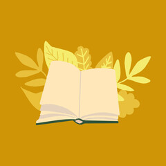 book and leaves hand drawn in trending color 2021. scandinavian hygge. cozy home. library, learning, reading, copy space, place for text.