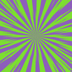 Pop art radial colorful comics book magazine cover. Striped green and violet digital background. Cartoon funny retro pattern strip mock up. Vector halftone illustration. Sunburst, starburst shape