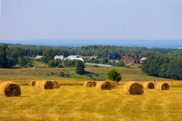 Rural landscape with fields, village houses and haystacks in the foreground. Rural life concept.