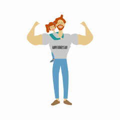 Red-haired man dad with a Happy Father's Day T-shirt stands with his daughter who hugs him from the back. Vector illustration on white background.