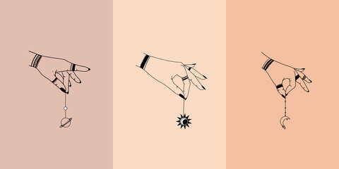 Woman hands, moon, sacred geometry stars isolated. The object of spiritual occultism. Vector illustration in black outline style. Esoteric mystical magic.