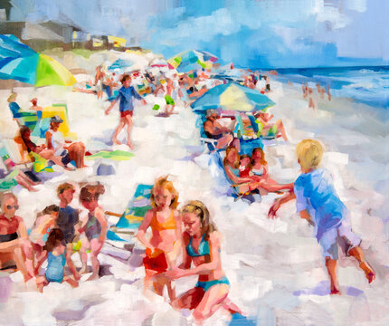 An impressionist oil painting depicting a sunny day at the beach.