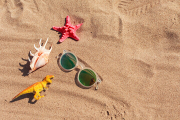 Fototapeta na wymiar Summer or holiday beach vacation background, travel to the sea with kids. Ocean accessories on sand, starfish, seashell, sunglasses and dinosaur toy. Flat lay with copy space