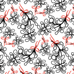 Mistletoe with red bow for kiss Christmas floral seamless pattern