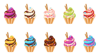 Cupcakes vector set. Colorful cakes collection. Vanilla, chocolate, strawberries, caramel, lemon, kiwi.
