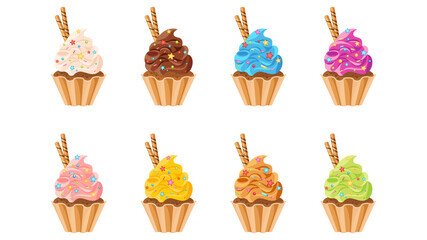 Cupcakes vector set. Colorful cakes collection. Vanilla, chocolate, strawberries, caramel, lemon, kiwi.