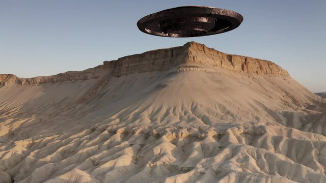 Flying Sacuer Ufo landing in desert mountain, aerial view
drone view from mount zin, Israel, alien concept
