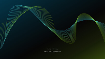 Shiny dynamic light waves illustration vector. Futuristic green and blue color abstract twisted lines design in dark gradient background. Wallpaper website background or landing page